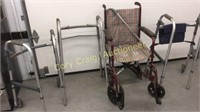 3 walkers, portable wheelchair and metal cane