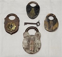 4 Antique Padlocks- One With Key And Works Well