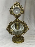 Ornate perfume bottle. Brass tone, metal & glass