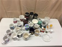 Pyrex bowl, coffee mug collection, stainless