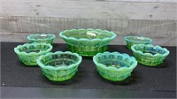 Green Opalescent Edge Fruit Set 8.5" Bowl & 6 Matc