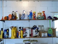 CONTENTS OF 2 SHELVES ON BACK WALL OF GARAGE