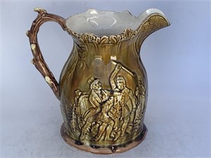 Large pitcher, colonial village scene, man and