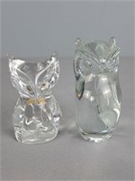 Two Clear Art Glass Owls