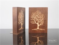 Pair of Wooden Bookends with Tree Design