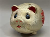 Chinese Gold and Red Piggy Bank 36 Pottery VTG