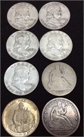 (8) 5 FRANKLIN SILVER 1/2 DOLLARS, 2 SEATED