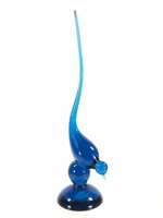 Art Glass Long Tail Blue Bird on Pedestal 10.5" H