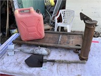 1945 Army Shovel, USMC Gas Can, Exhaust Pipe