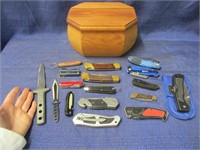 17 pocket knives in wooden box