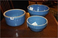 3 Blue Uhl Bowls, Picket Fence Pattern