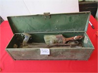 GREEN TOOL BOX FULL OF PUNCH, CHISELS AND TOOLS