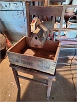 Chair, birdhouse, metal bird, fruit crate