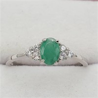 LADIES STERLING SILVER EMERALD & CUBIC RING