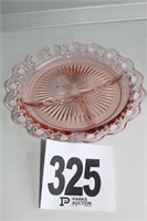 (1) Round Pink Depression Glass Divided Server