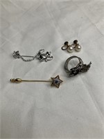 Star stick pin, teapot and cup stick pin, ring