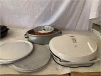 George Foreman grill, pizza pans, alum. roaster,