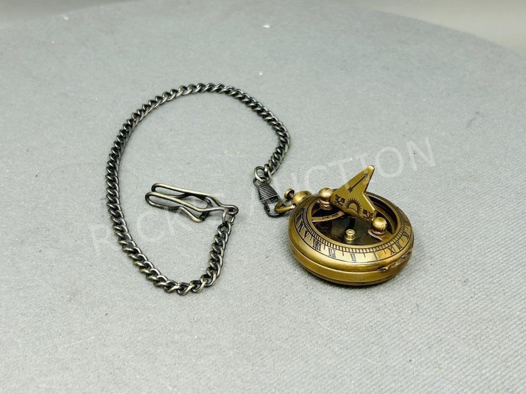 Brass hunter case compas & sun dial w/ chain