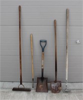 Assorted Garden Tools - Shovels, Hoe, Rakes