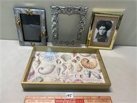 LOT OF METAL PICTURE FRAMES WITH SERVING TRAY