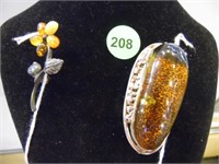 2 VINTAGE STERLING SILVER BROOCHES WITH AMBER & BA