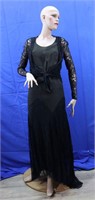 C. 1930s Chiffon & Black Lace Evening Gown