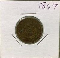 1867 US two cent coin piece