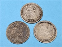 1891, 1891 O & 1891 S Seated Liberty Silver Dimes