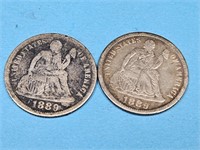 2- 1889 Seated Liberty Silver Dimes