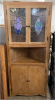 Vintage Wooden Corner Cabinet w/ Stained Glass