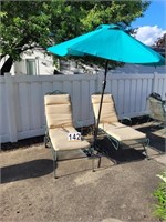 2 Wrought Iron Chairs ~ Blue Umbrella & Stand