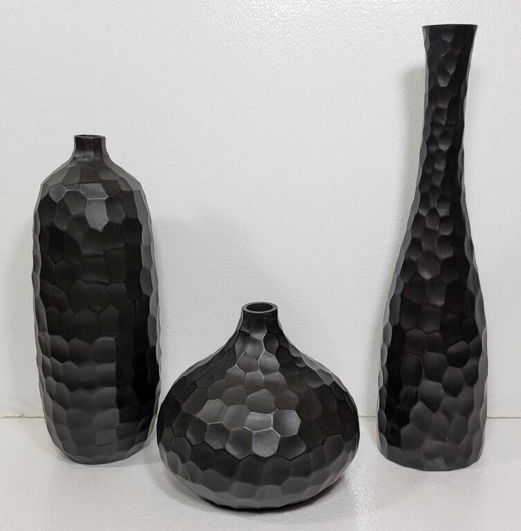 Set of 3 Dark Wood Vases for Decorative Use Only