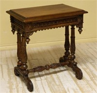 French Highly Carved Drop Finial Oak Sewing Stand.
