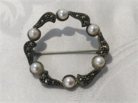 Sterling Marcasite Pearl Brooch