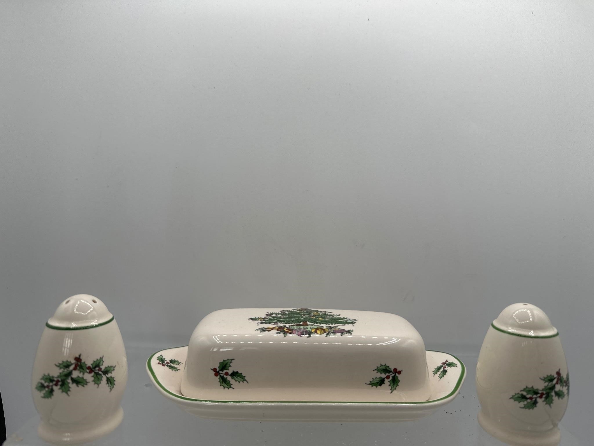 Spode Christmas tree butter dish and S&P shakers