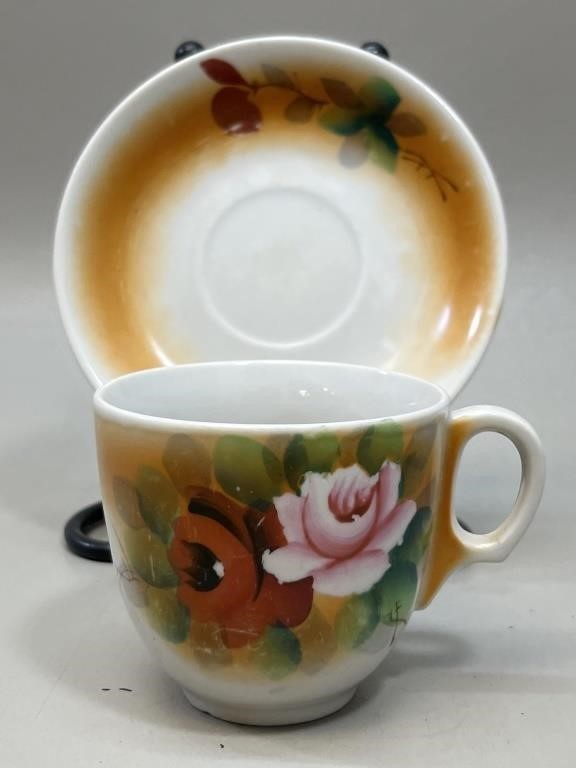 Floral Pottery Teacup & Saucer, Japan