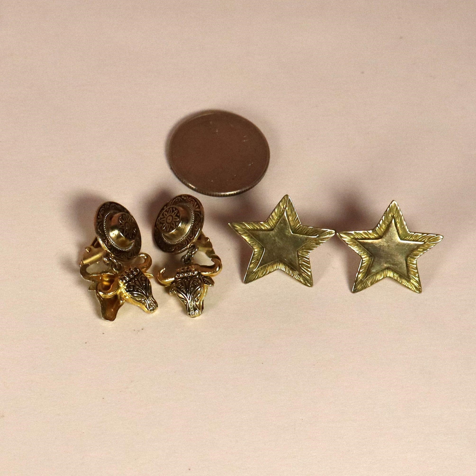 Vintage Clip On Earrings Western Themed Brass Star