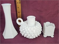 Milk glass vase, toothpick holder, candlestick