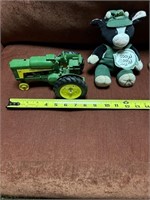 Toy JD 630 LP tractor and Merry moo moo JD Cow