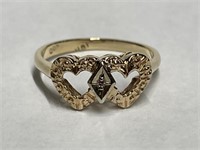 10 kt Double Heart 1 Diamond Ring, size 6.5