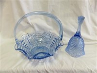 2PC BLUE GLASS BASKET AND BELL 7"T