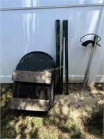 8- Green 4' metal posts, True Temper wheel barrow