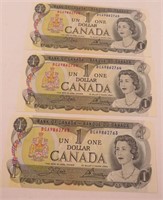 Canada $1.00 1973 Bills 3x Consecutive Order