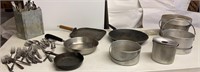 Tub lot pots, pans and flatware, tent stakes