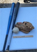 Vintage Bats, Glove And Ball