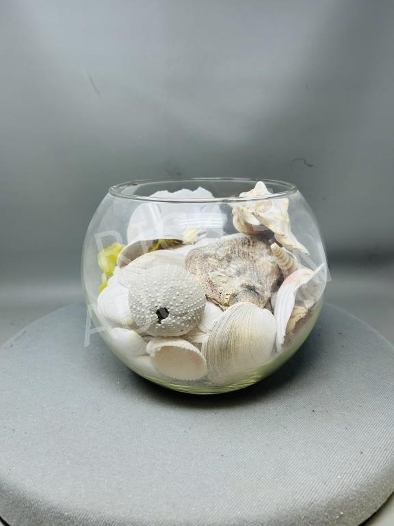 8" round glass bowl w/ sea shells
