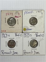 1969-S, 71-S, 73-S, 75-S Proof Dimes 1 money