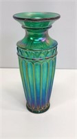 Fenton 7’’ green vase with opalescent finish.