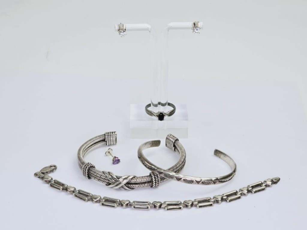 2.25 OZT Sterling Silver Jewelry: Ring, Bracelets
