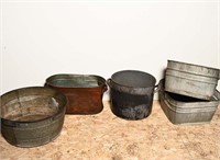 COPPER BOILER, ENAMELWARE POT & 3 GALVANIZED WASH